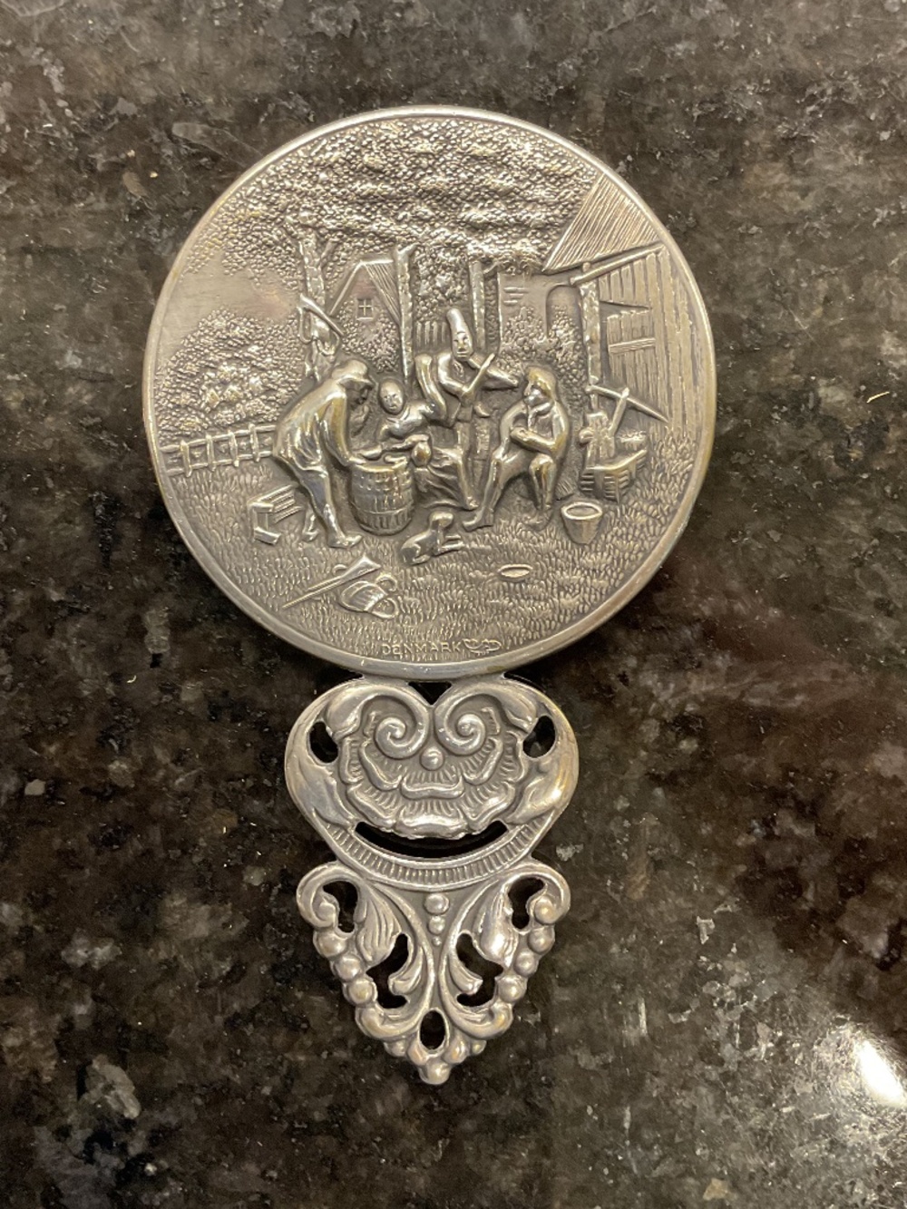 Silver Plate Repousse Hand Mirror Tavern Scene 4"